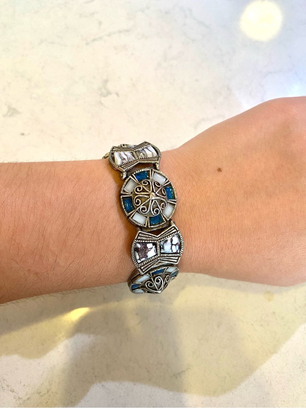 Vintage Miracle Britain UK made Scottish marble and teal link bracelet in silver